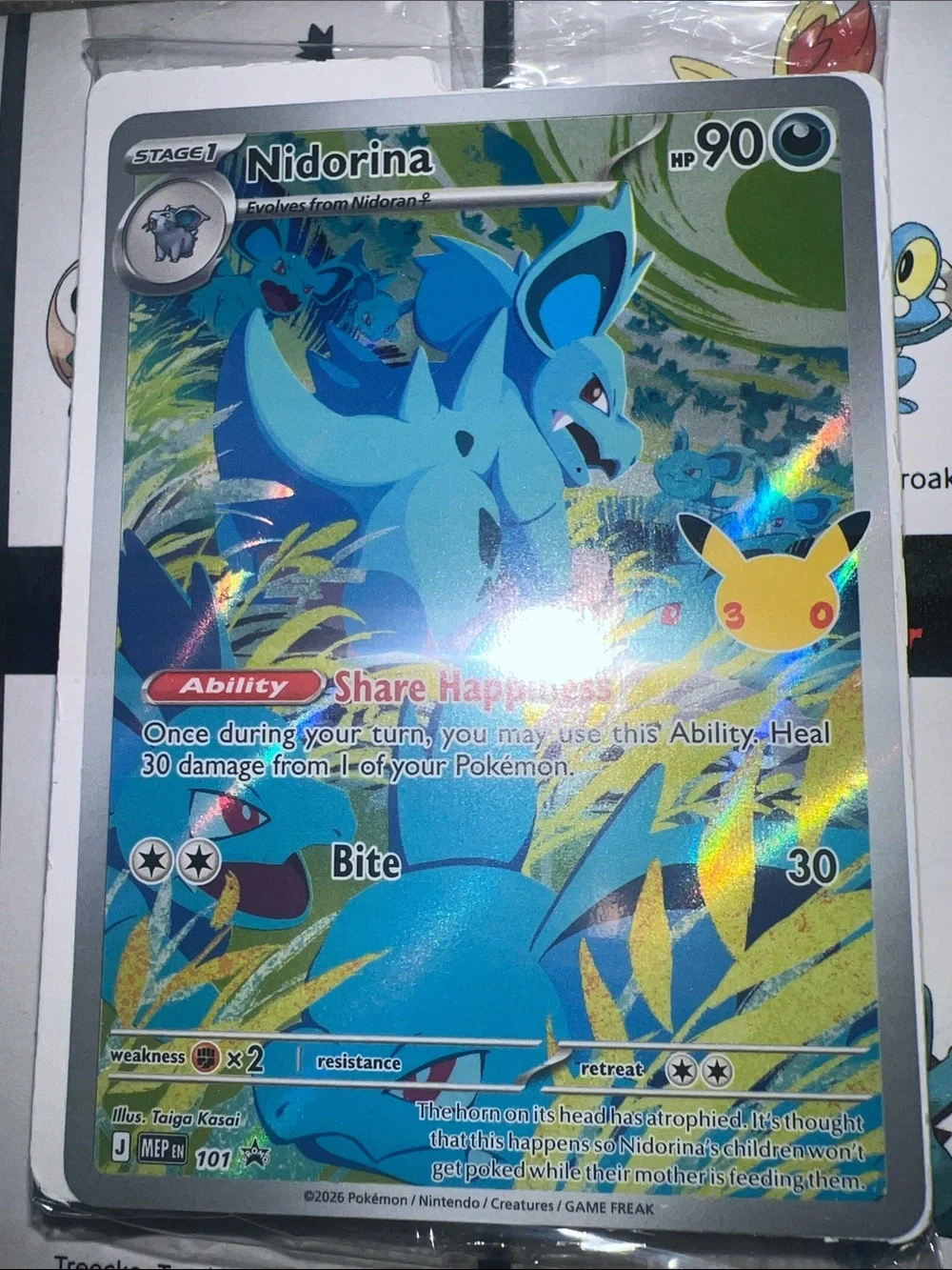 Pokemon Nidorina Holographic Card - Blue & Yellow